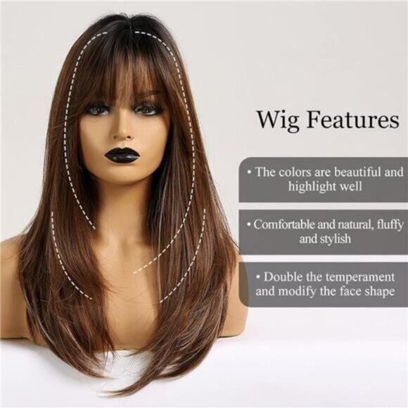 Women Wigs Synthetic Straight Layered Brown 2 - Picture 3 of 5